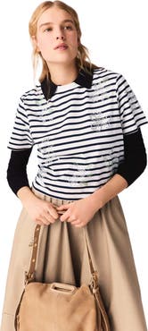 maje Striped rhinestone flower T-shirt
