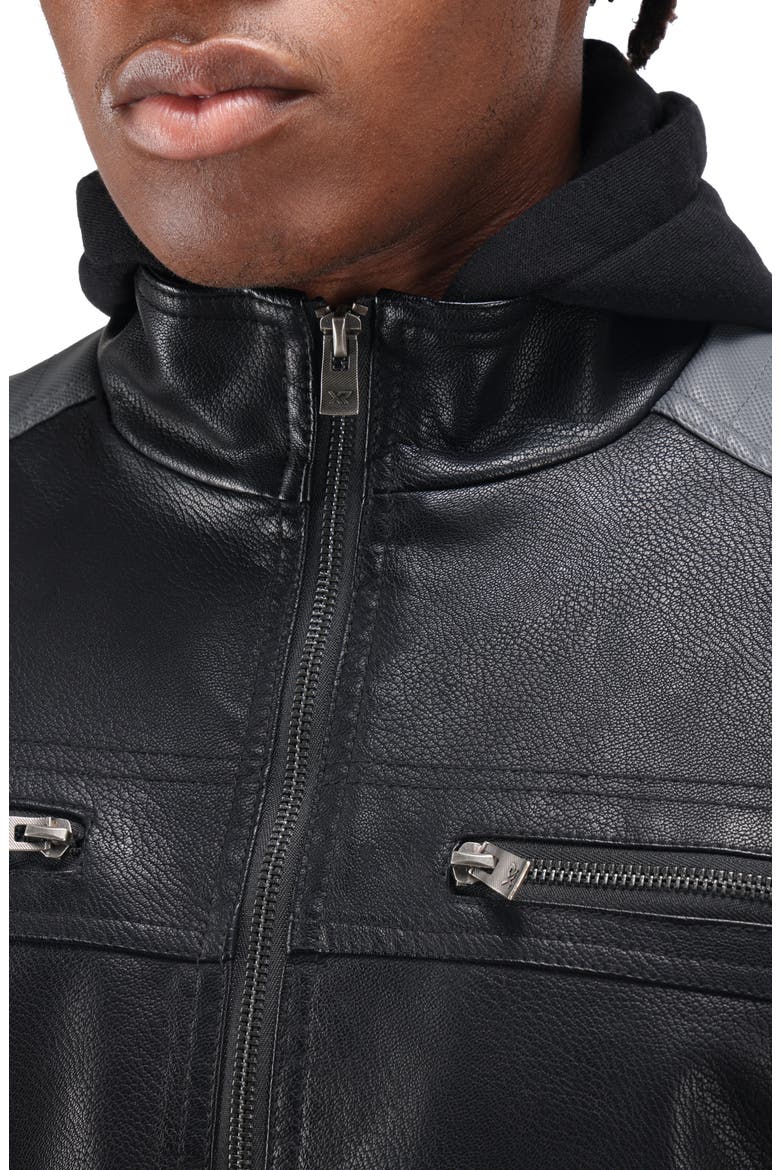 Faux Leather Hooded Moto Jacket, Alternate, color, BLACK/ GREY