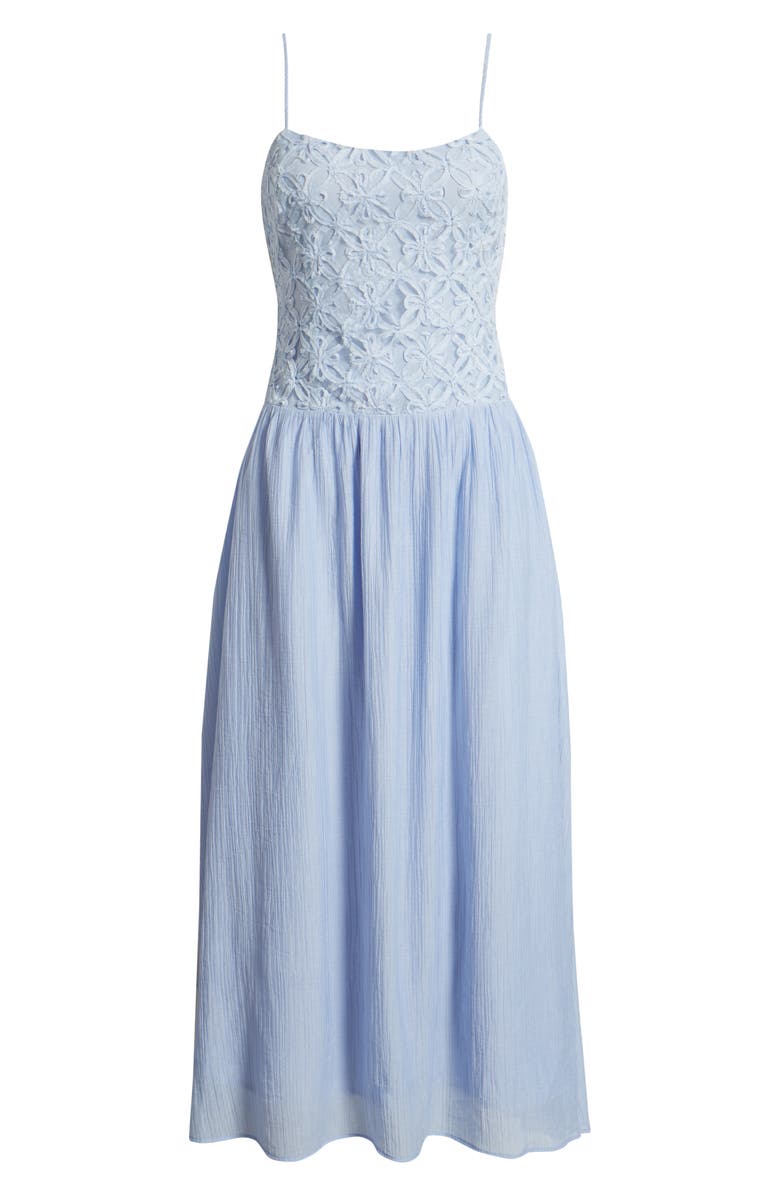 MOON RIVER Floral Appliqué Tie Shoulder Midi Dress, Alternate, color, Blue