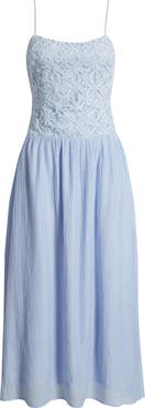 MOON RIVER Floral Appliqué Tie Shoulder Midi Dress