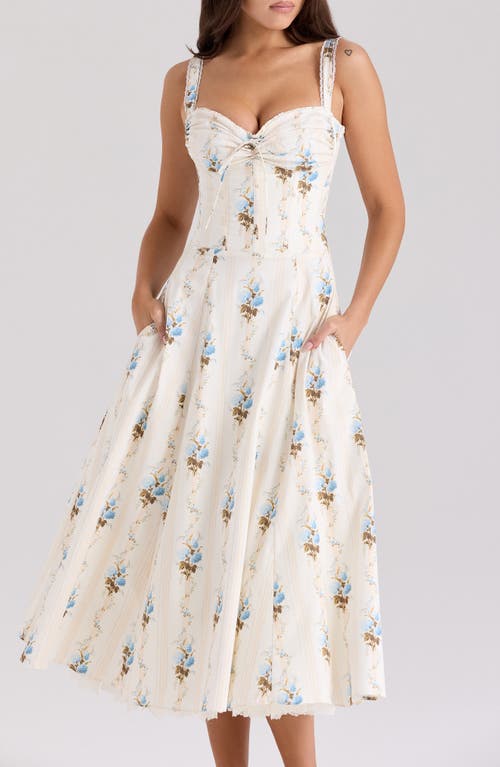 House Of Cb Rosalee Corset Fit & Flare Sundress In Hydrangea Stripe Cream