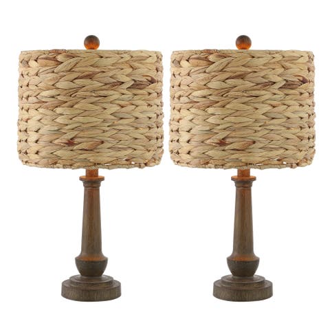 Leona 21.25" Rustic Farmhouse Handwoven Water Hyacinth/Resin LED Table Lamp, Brown Wood Finish (Set of 2)