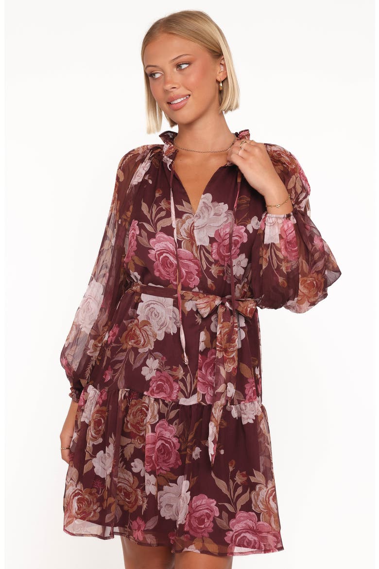 Hensley Floral Long Sleeve Chiffon Dress, Alternate, color, BURGUNDY BRANDY BLOOM
