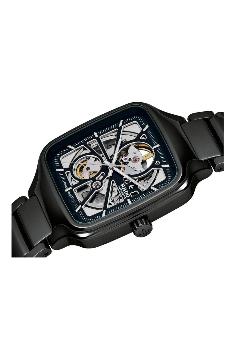True Square Automatic Open Heart Ceramic Bracelet Watch, 38mm, Alternate, color, BLACK