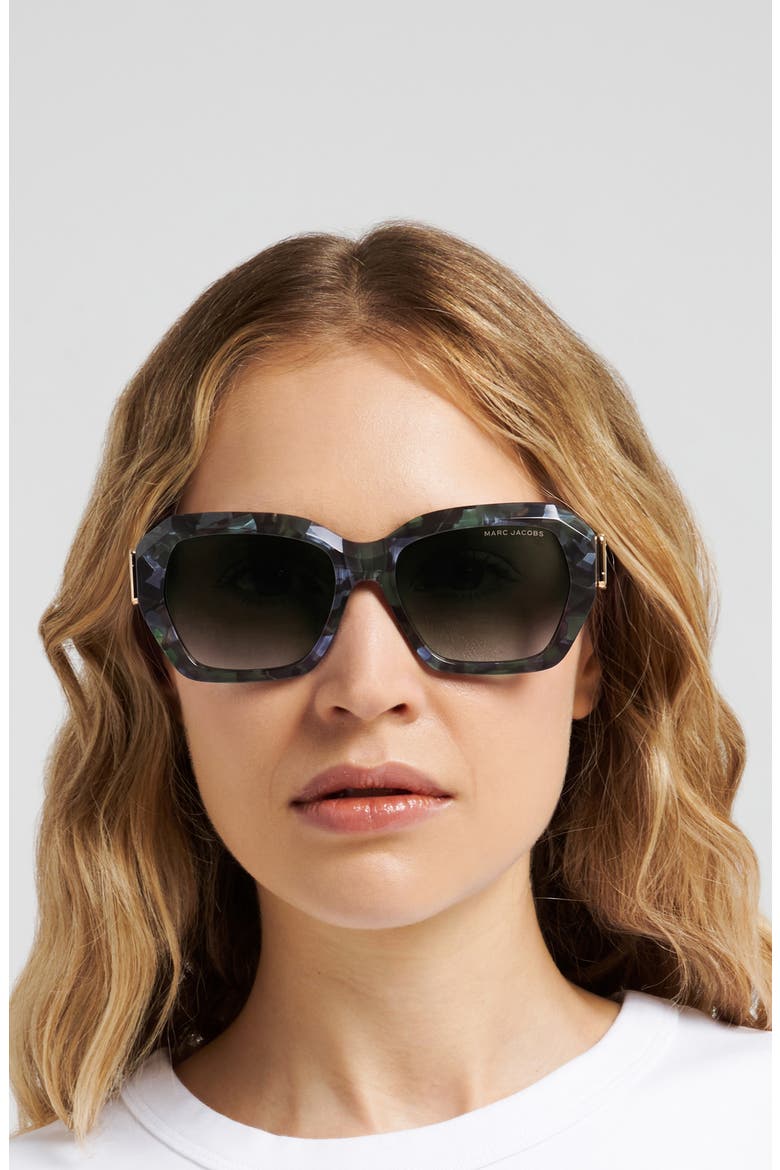 55mm Square Geomatric Sunglasses, Alternate, color, HAVANA GREEN/ GREEN SHADED