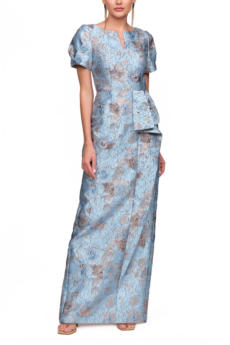 Daria Floral Puff Sleeve Column Gown, Alternate, color, BLUE GOLD