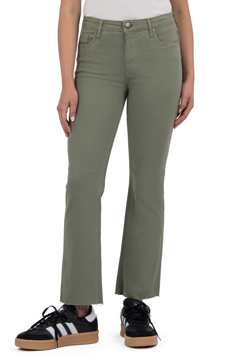 KUT from the Kloth Kelsey Fab Ab Frayed High Waist Ankle Flare Jeans, Main, color, Sage Green