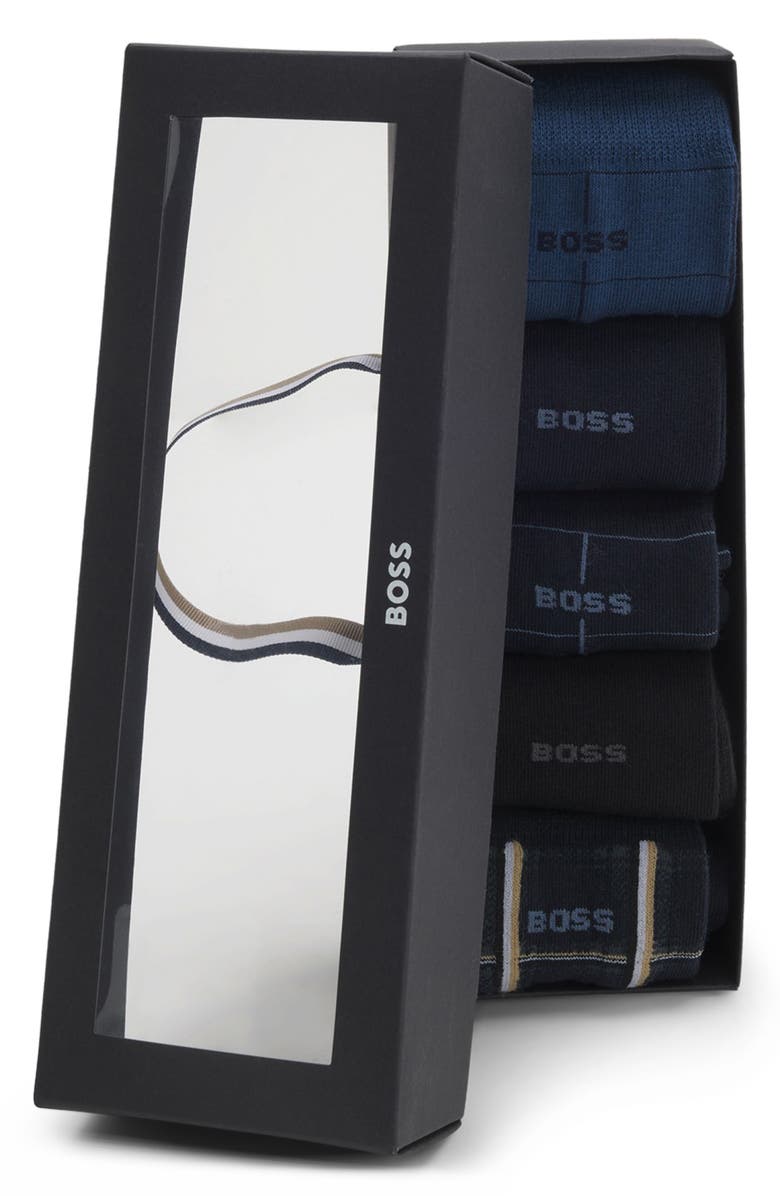 BOSS Assorted 5-Pack Geometric & Solid Cotton Blend Dress Socks Gift Box, Alternate, color, Black