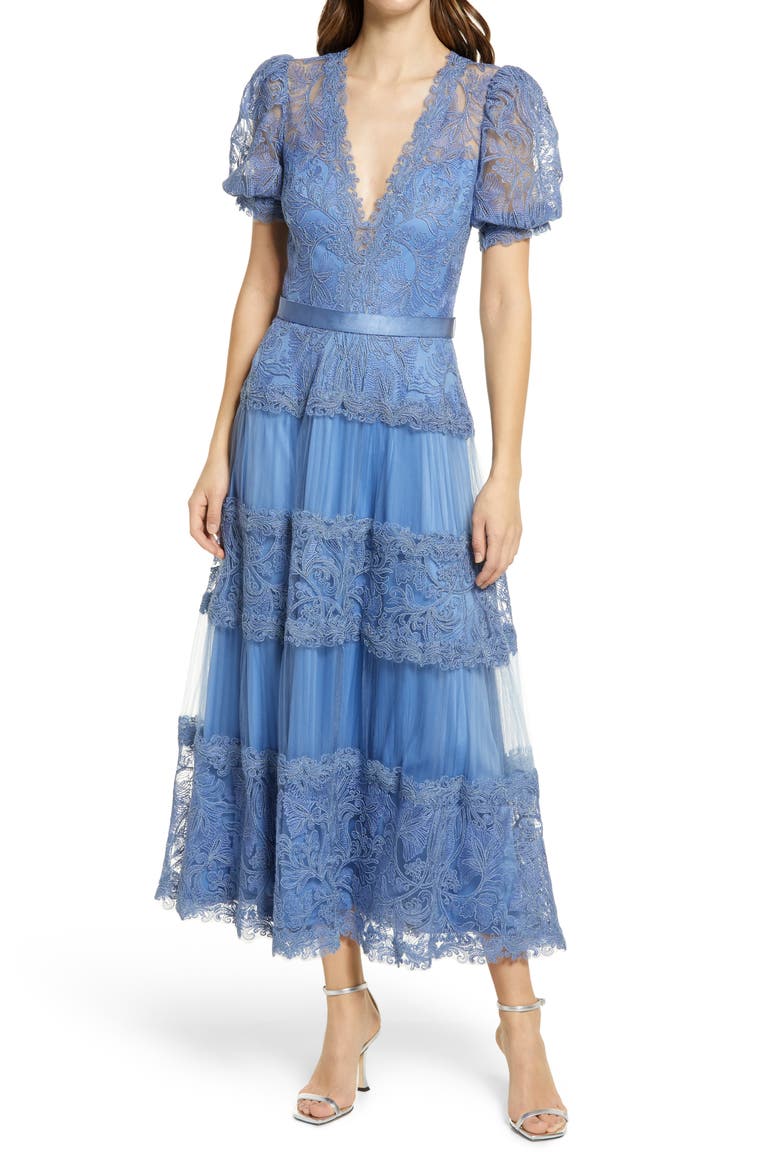 Embroidered Lace Tiered Midi Dress, Main, color, POWDER BLUE