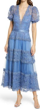 Tadashi Shoji Embroidered Lace Tiered Midi Dress