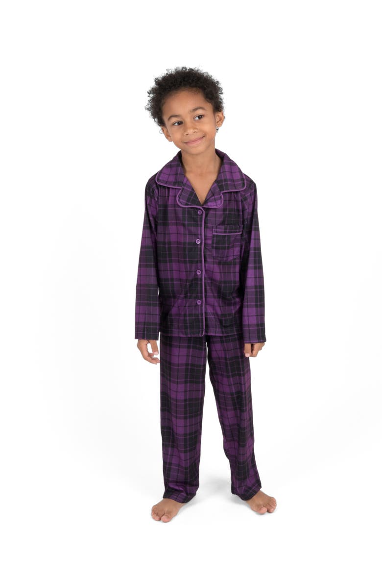 Kids Button-Front Flannel Printed Holiday Pajama Set, Main, color, Plaid Purple & Gray