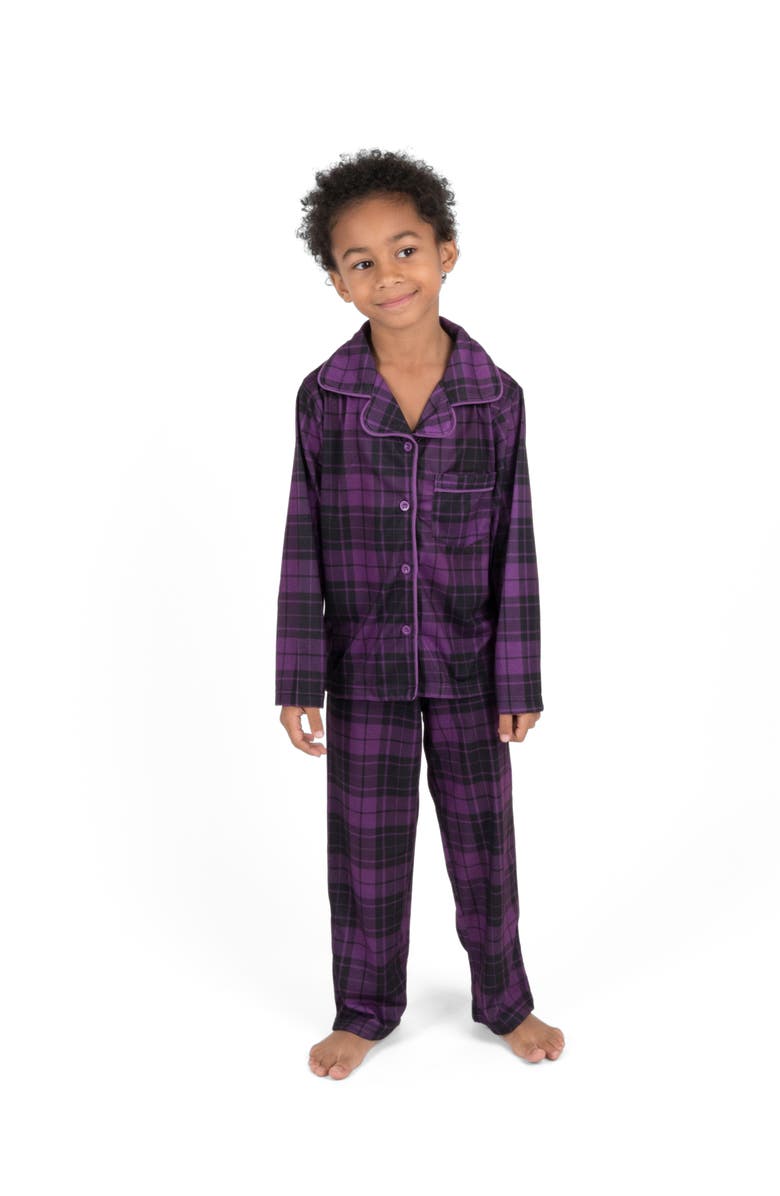 Leveret Kids Button-Front Flannel Printed Holiday Pajama Set, Main, color, Plaid Purple & Gray