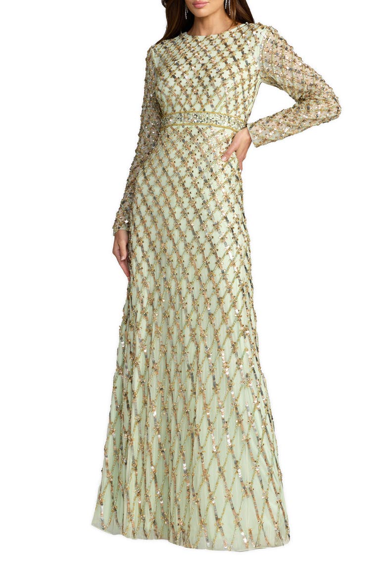 Long Sleeve High Neck Beaded Gown with Lattice Detailing, Main, color, Sage