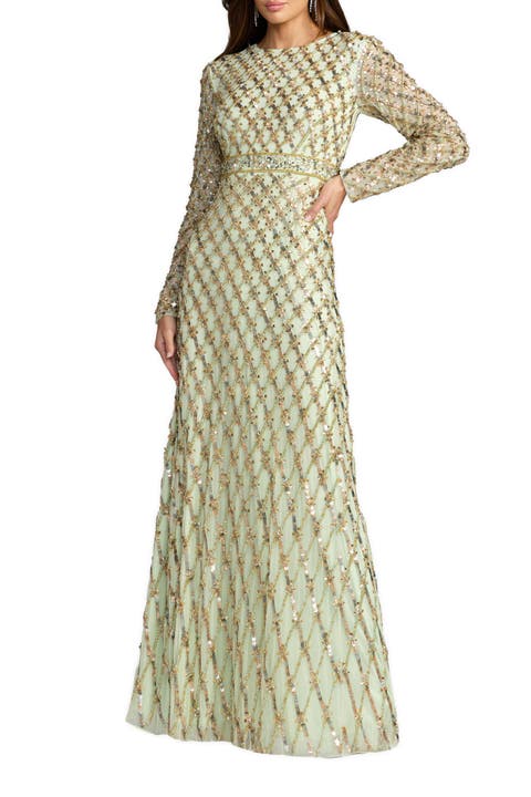 Long Sleeve High Neck Beaded Gown with Lattice Detailing