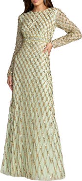 Mac Duggal Long Sleeve High Neck Beaded Gown with Lattice Detailing