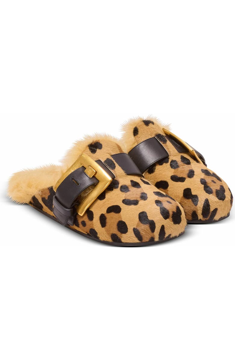 Balmain Anthem Leopard Print Ponyskin Leather And Faux Fur Mules, Main, color,