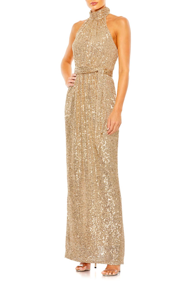 Sequined Halter Neck Belted Soft Tie Dress, Main, color, CHAMPAGNE