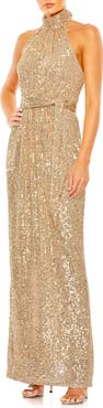 Ieena for Mac Duggal Sequined Halter Neck Belted Soft Tie Dress