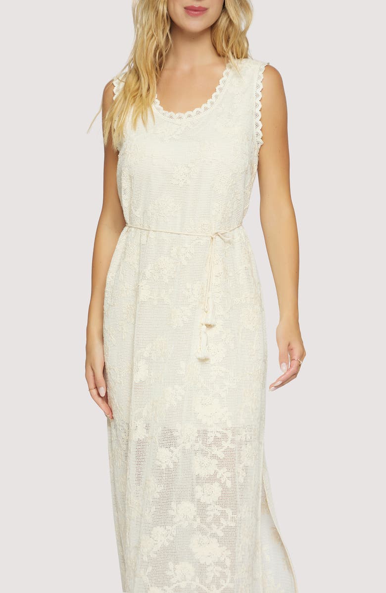 Lost + Wander Fiorenza Embroidered Tie Belt Maxi Sundress, Alternate, color, Cream