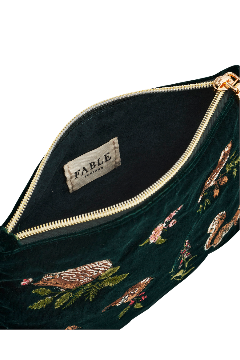 Meadow Scene Embroidered Medium Pouch  Velvet, Alternate, color, Dark Green