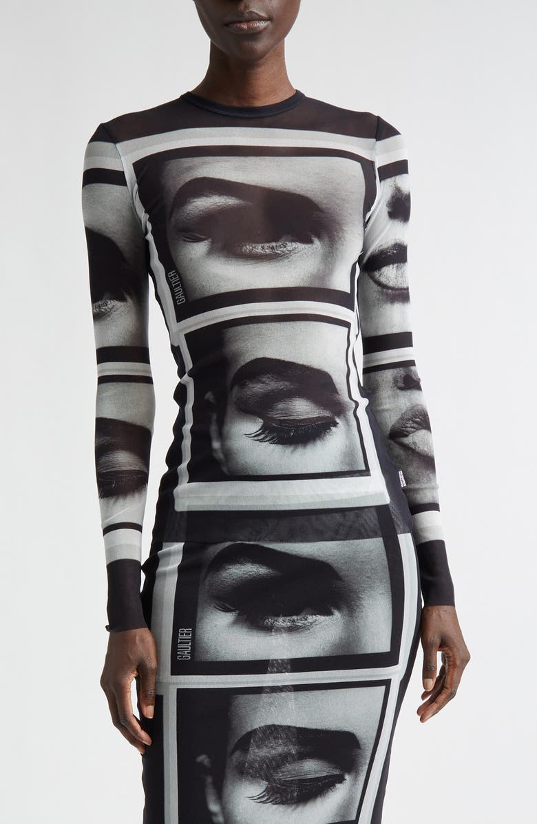 Jean Paul Gaultier Re-Edition Eyes 
Lips Long Sleeve Mesh Top, Main, color, Black/ Grey/ White