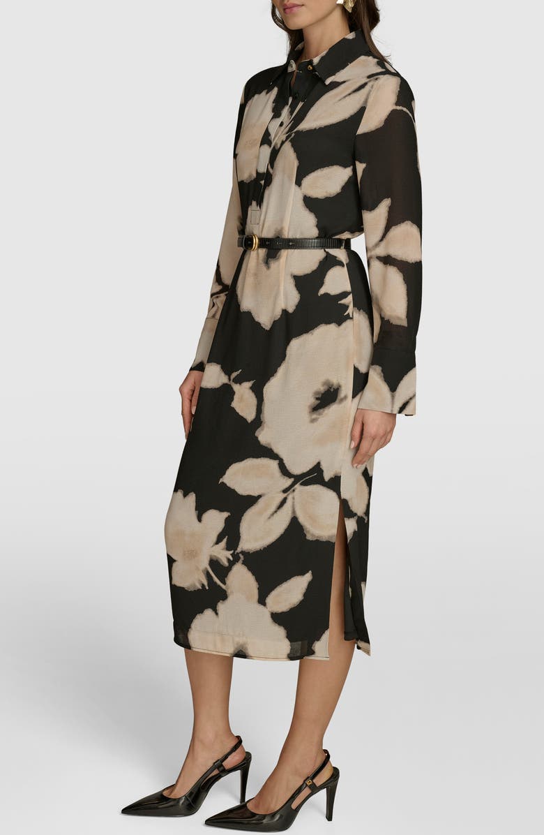 Donna Karan New York Floral Print Long Sleeve Shirtdress, Alternate, color, Black/ Sand M