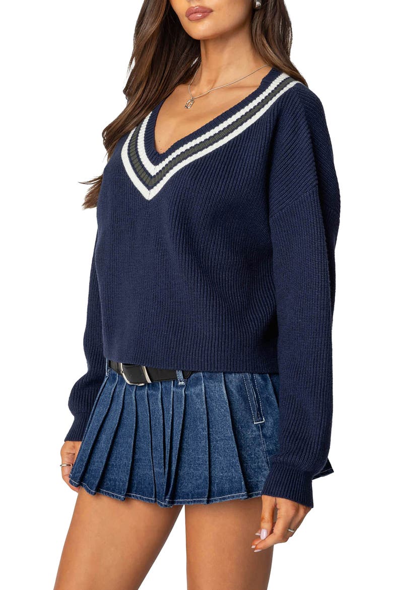 Lauryl Stripe Trim V-Neck Sweater, Alternate, color, NAVY