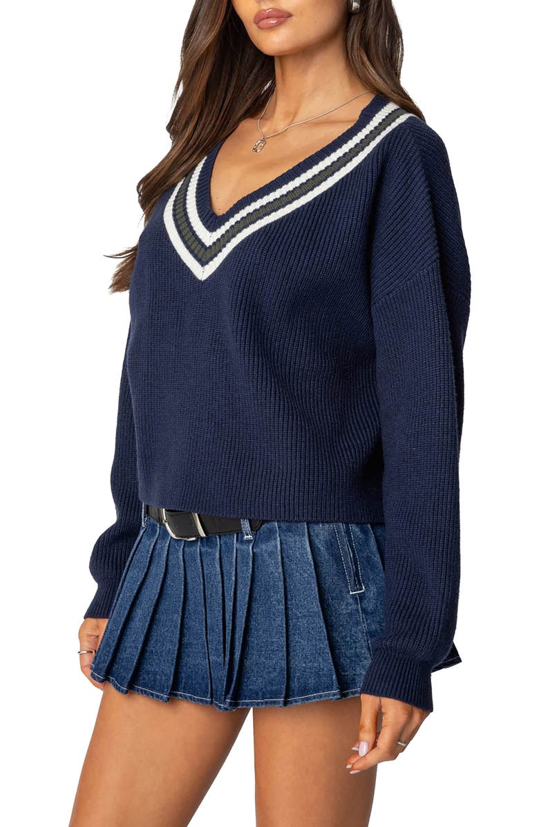 EDIKTED Lauryl Stripe Trim V-Neck Sweater, Alternate, color, Navy