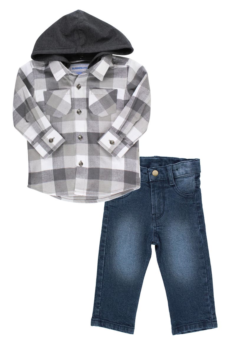 Buffalo Check Plaid Button-Up Hooded Shirt & Jeans Set, Main, color, GREY