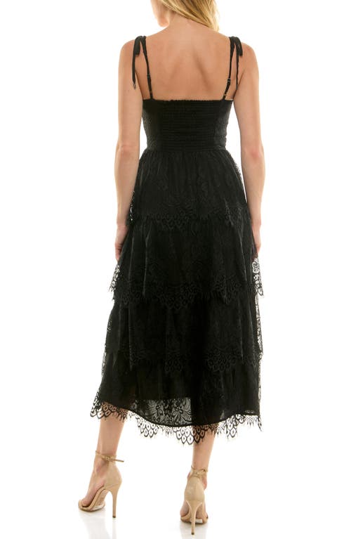 Socialite Tie Strap Tiered Lace Midi Dress In Black