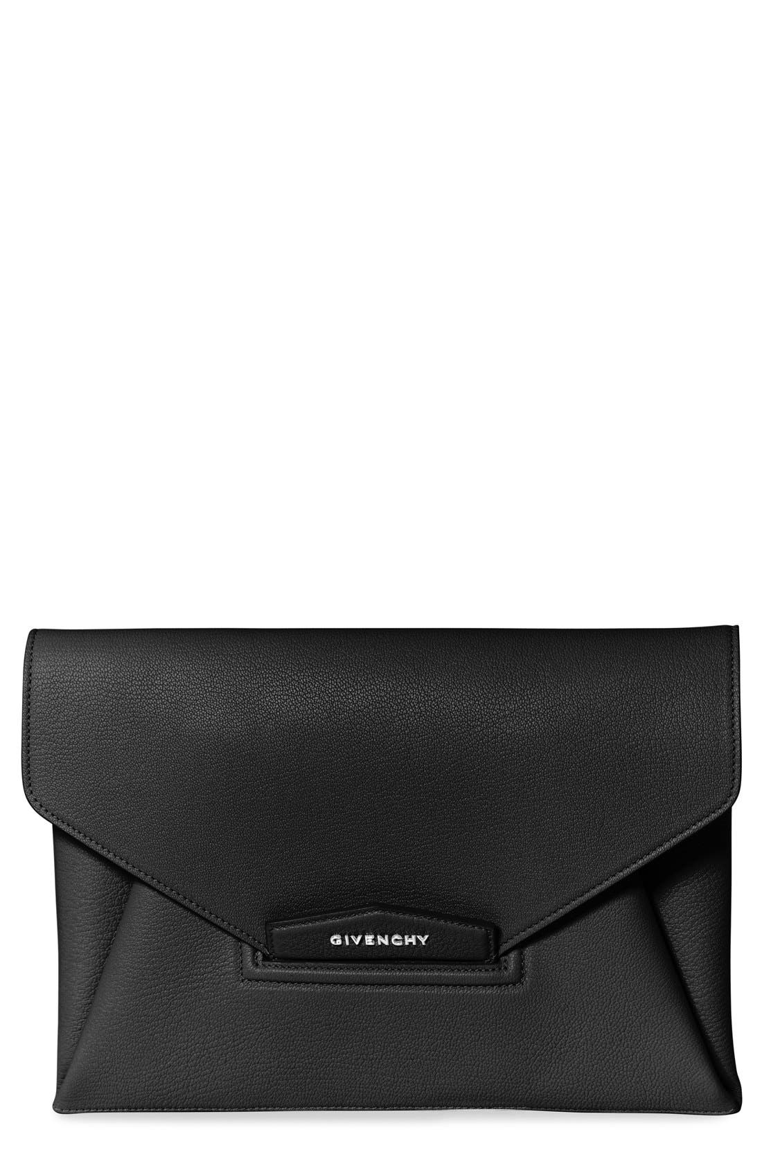 'Medium Antigona' Leather Envelope Clutch, Main, color, BLACK