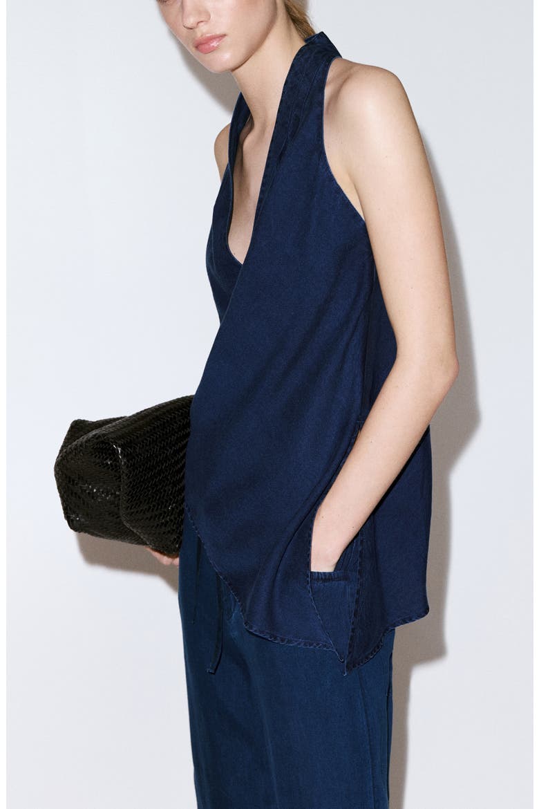 Asymmetrical Denim Halter Top, Alternate, color, DARK BLUE