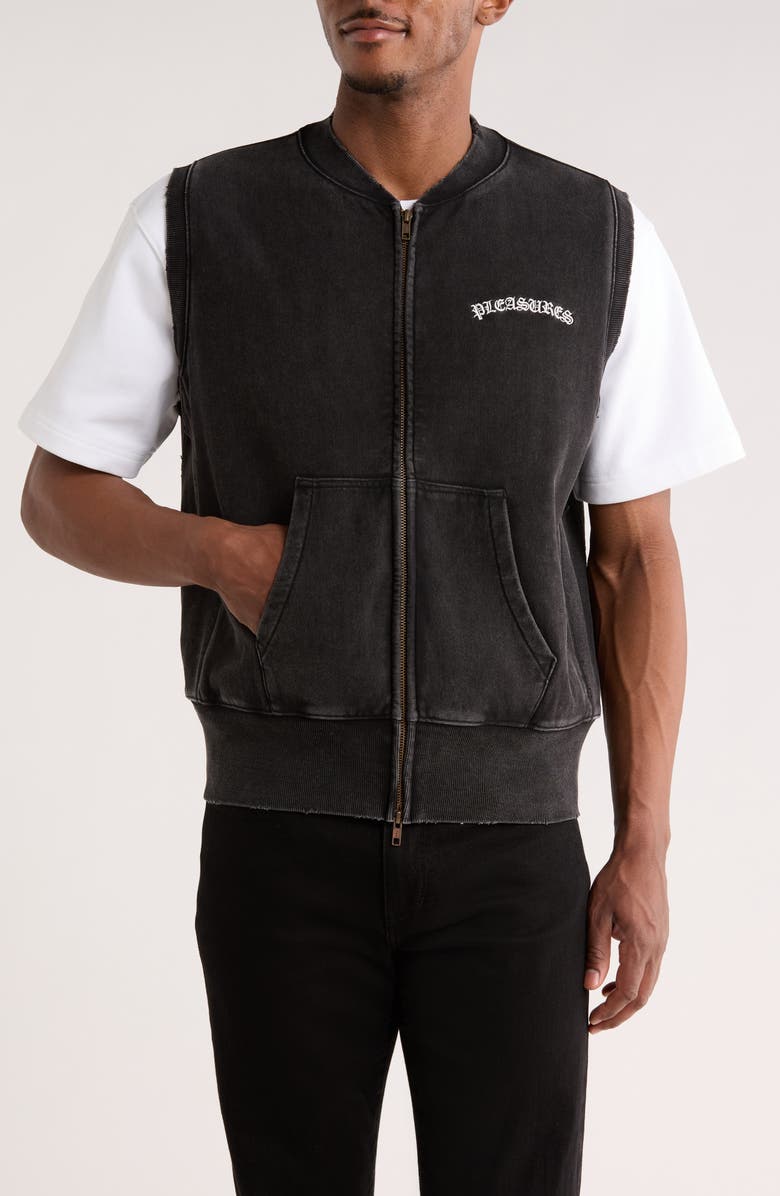 PLEASURES Embroidered Logo Denim Vest, Alternate, color, Faded Black