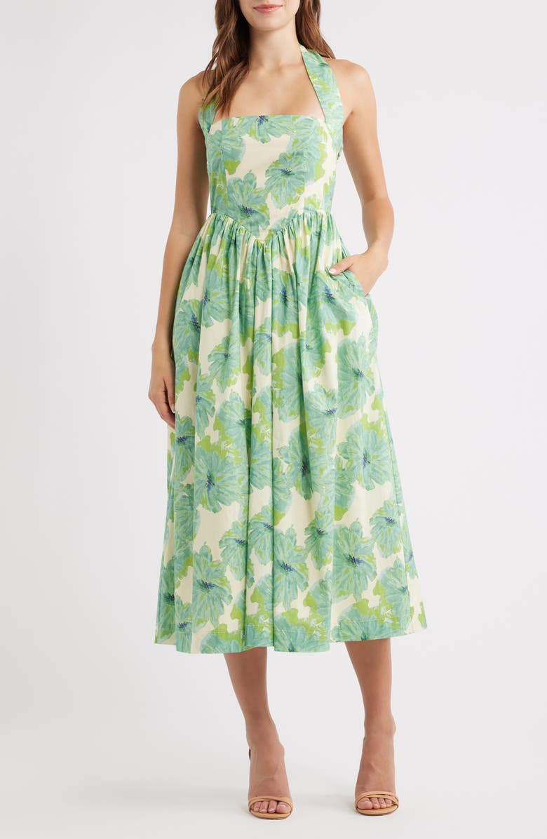 Lulus Kawaii Floral Print Halter Midi Dress, Main, color, Green Multi