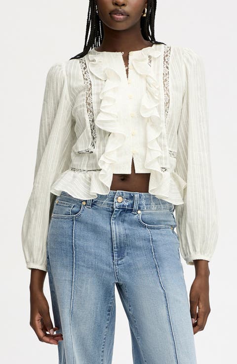 Lace Inset Ruffle Cotton Button-Up Shirt