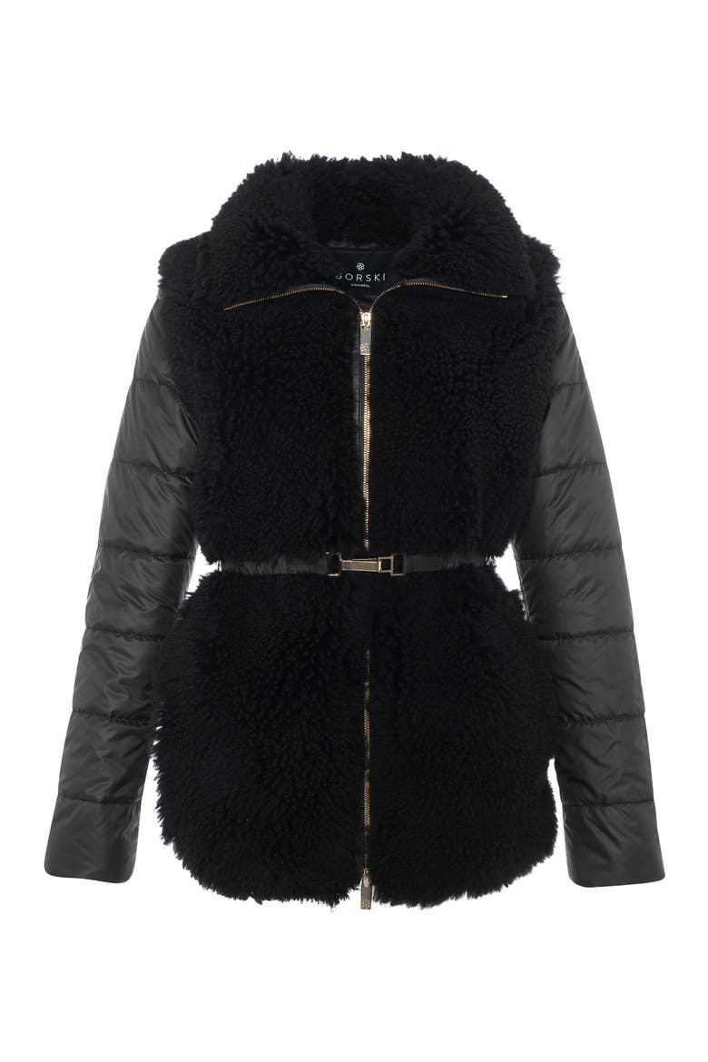 Genuine Shearling Jacket with Quilted Sleeves and Back, Belt, Alternate, color, Black