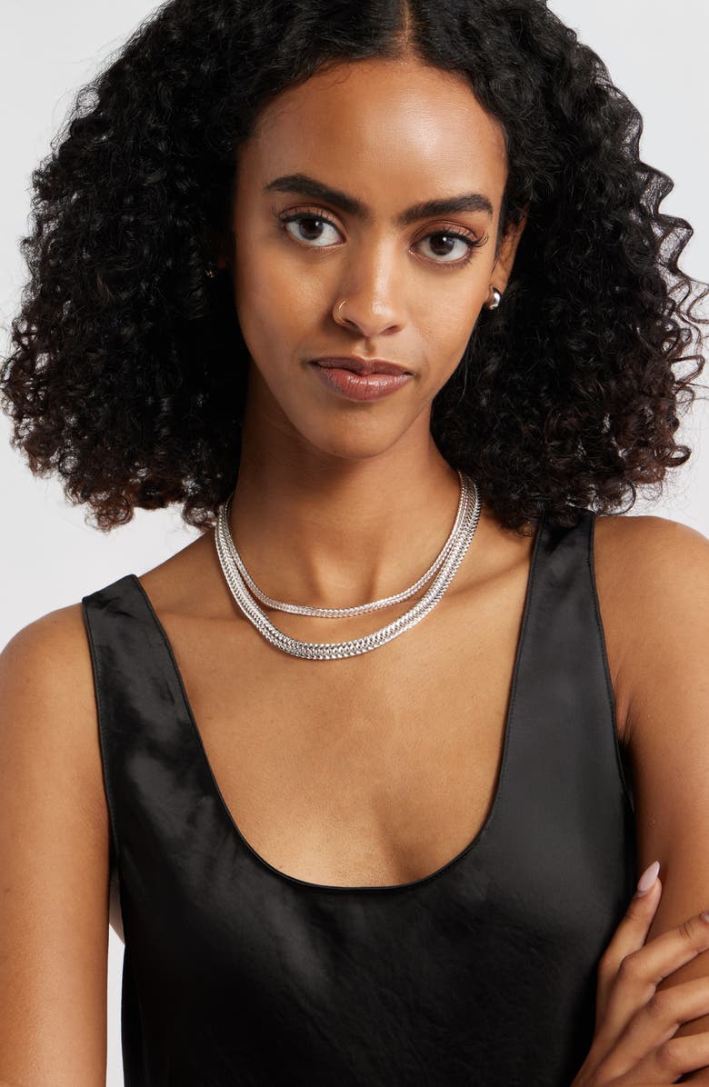 Open Edit Set of 2 Herringbone Chain Necklaces, Alternate, color, Silver