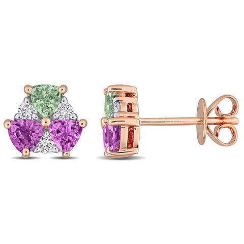Pink & Green Sapphire Diamond Stud Earrings 14K