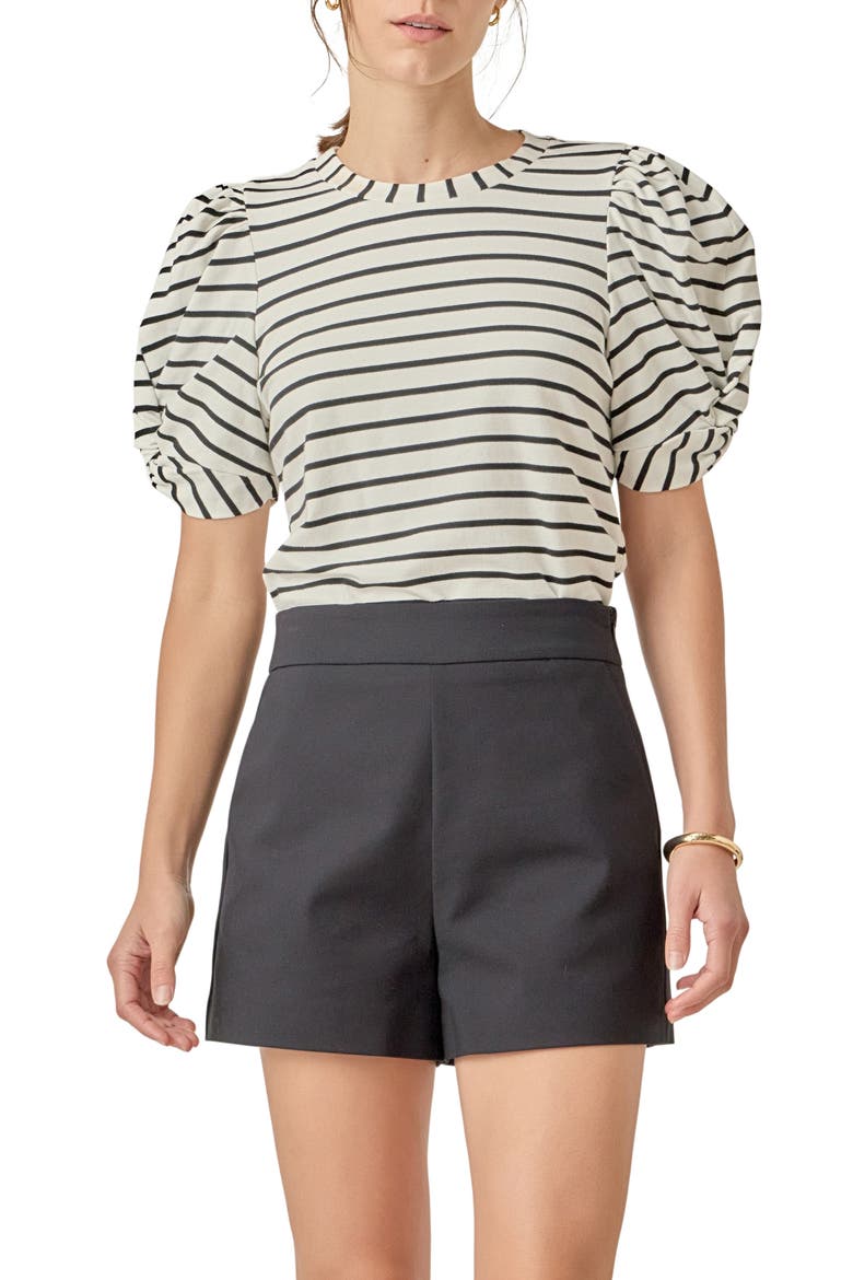 Stripe Puff Sleeve Stretch Cotton Top, Main, color, WHITE/ BLACK