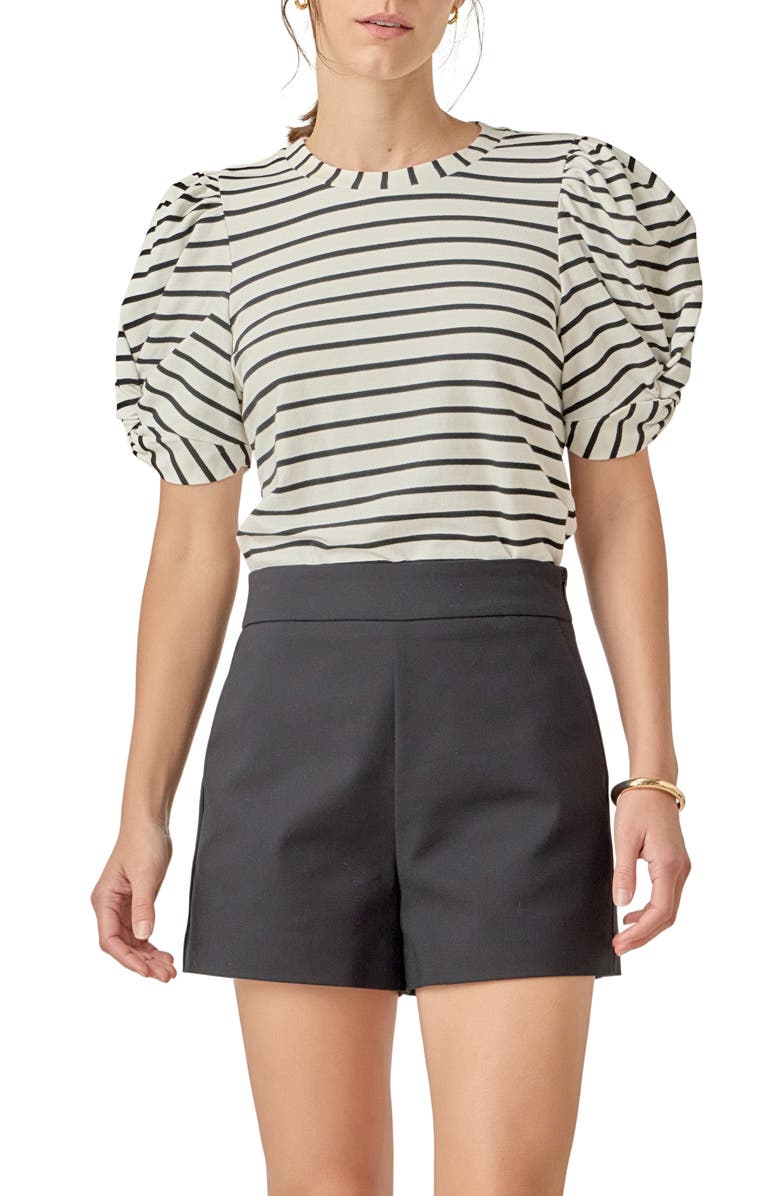 English Factory Stripe Puff Sleeve Stretch Cotton Top, Main, color, White/ Black