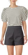 English Factory Stripe Puff Sleeve Stretch Cotton Top