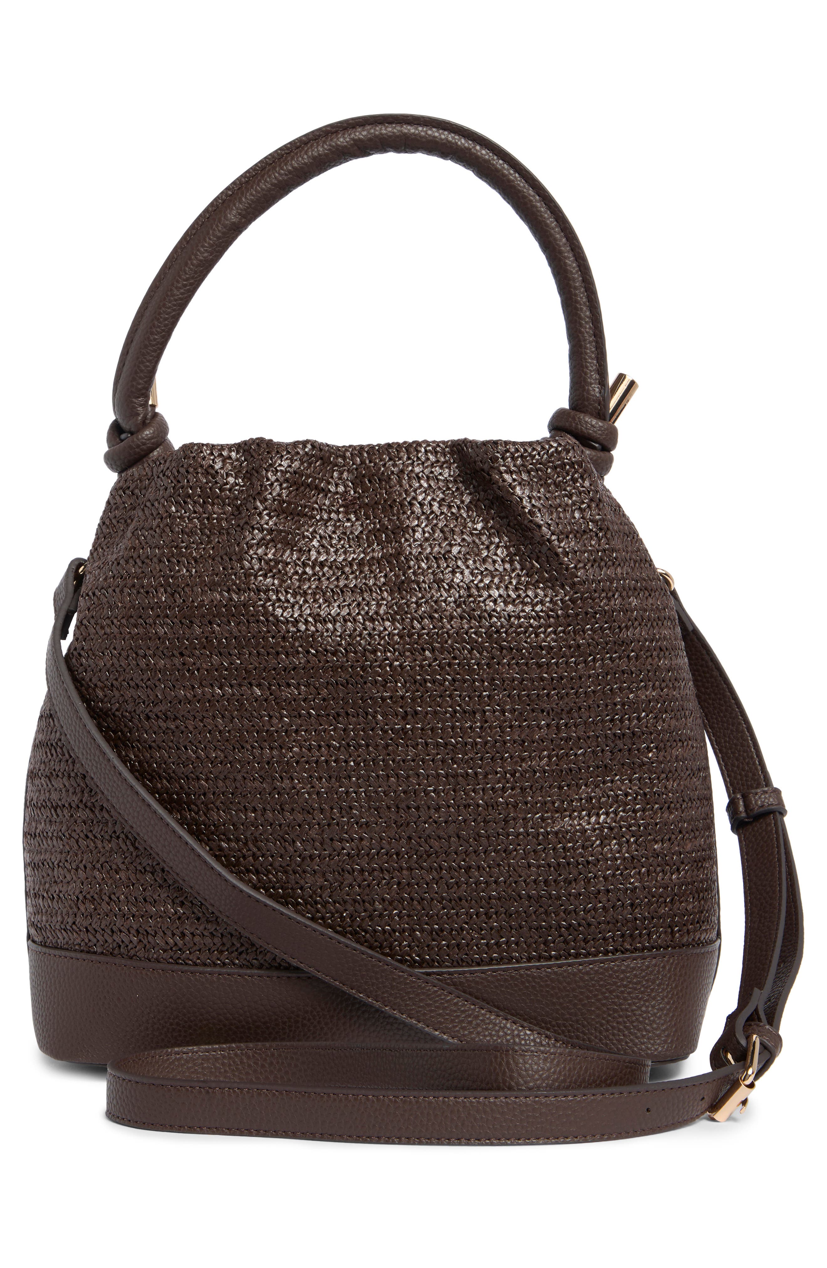 Nanette Lepore Straw Drawstring Convertible Bucket Bag, Alternate, color, Maple Straw-Maple