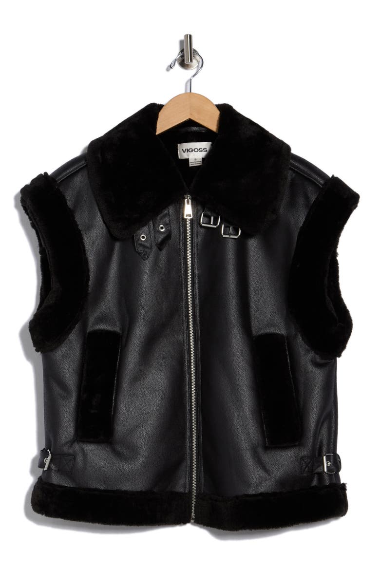 Faux Fur Trim Faux Leather Moto Vest, Alternate, color, BLACK