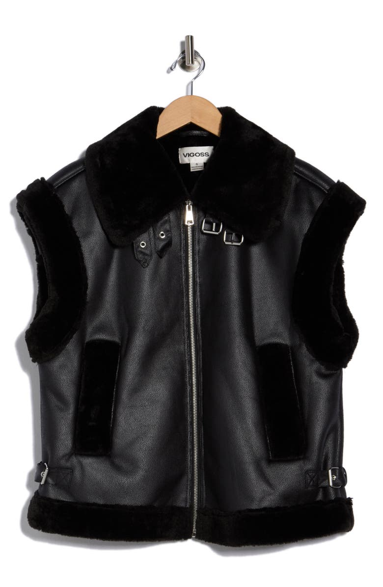 Vigoss Faux Fur Trim Faux Leather Moto Vest, Alternate, color, Black
