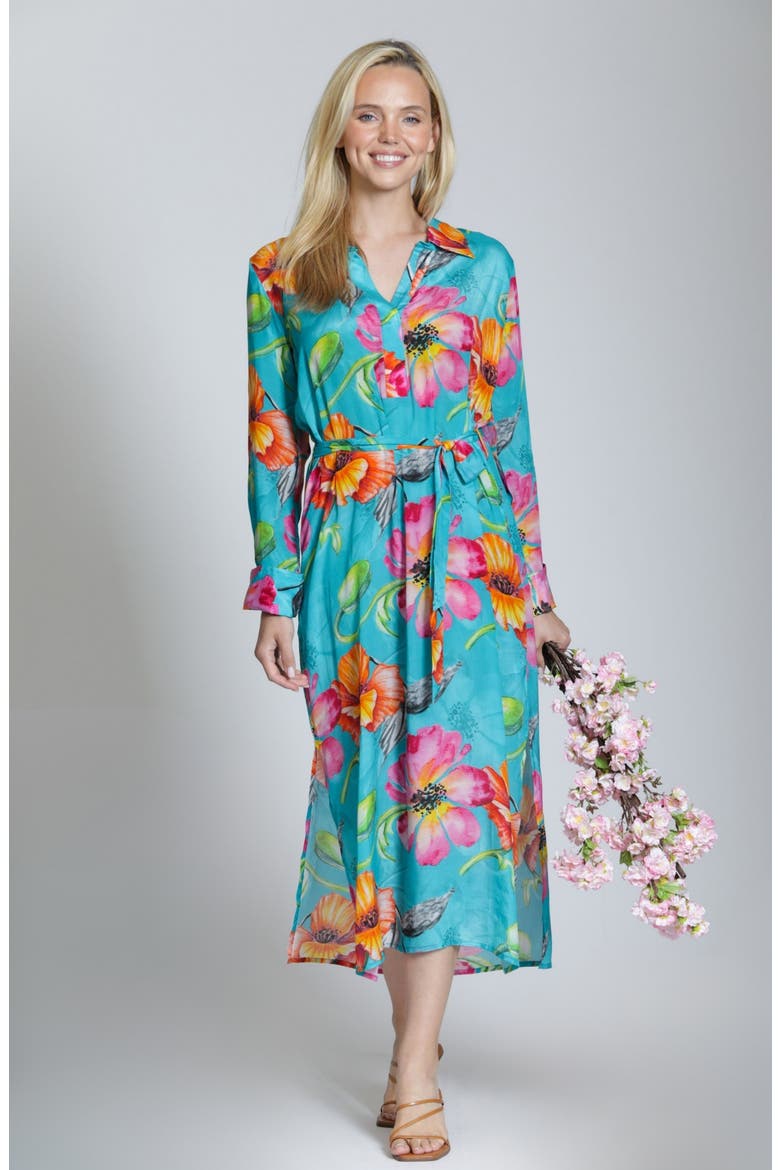 Mix Print Long Sleeve Dress, Alternate, color, TURQUOISE MULTI
