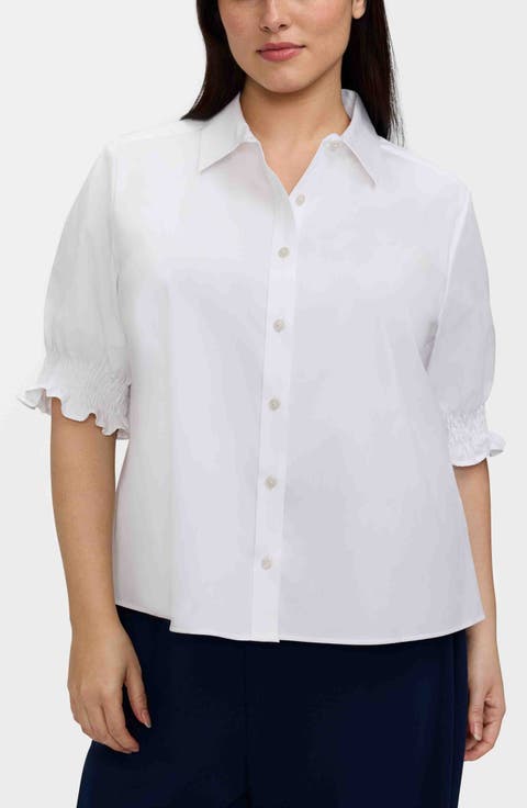 Vivienne Elbow Sleeve Matte Sateen Button-Up Shirt (Plus)