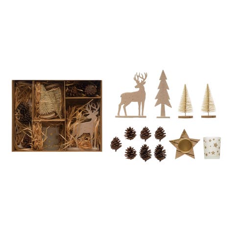 Candle Garden Kit with Bottle Brush Trees, Tealights, Pinecones and Wood Figures, Boxed Set of 13