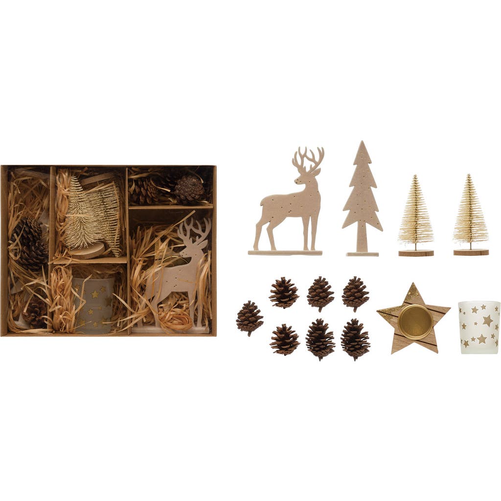 Storied Home Candle Garden Kit With Bottle Brush Trees, Tealights, Pinecones And Wood Figures, Boxed In Brown