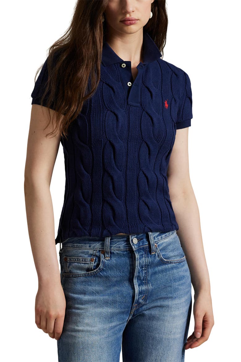 Cotton Cable Knit Polo, Main, color, NEWPORT NAVY