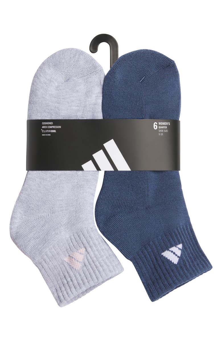 adidas Athletic Cushioned Assorted 6-Pack Quarter Socks, Alternate, color, Cool Light Heather/ Pink/ Blue